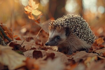Fototapeta premium A hedge sitting in a pile of leaves, suitable for autumn themes