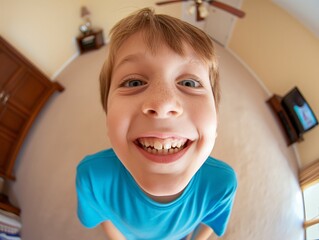 Fisheye lens view of a smiling boy in a blue shirt with a humorous, exaggerated expression.