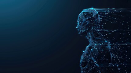 An abstract composition depicting a robot with artificial intelligence, showcasing biometric scanning and face ID technology in a polygon vector wireframe concept. - Powered by Adobe