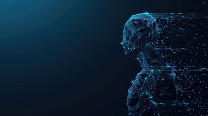 An abstract composition depicting a robot with artificial intelligence, showcasing biometric scanning and face ID technology in a polygon vector wireframe concept.