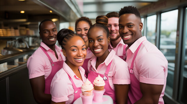 Ice cream parlor team with fresh ice cream cones