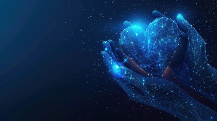 An abstract representation of the concept of humanity and social connection with glowing low polygonal hands cradling a heart shape, symbolizing the intrinsic value of empathy and compassion.