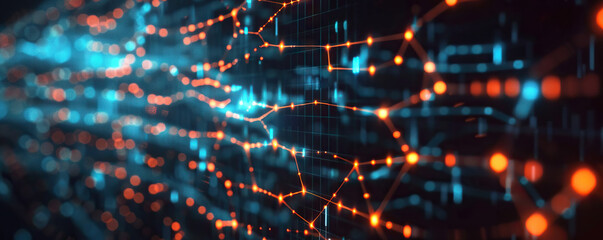 Obraz premium Digital abstract backdround for technological operations, neural networks, AI, data transmission and encryption, digital archives, audio and visual representations, scientific research. Copy space