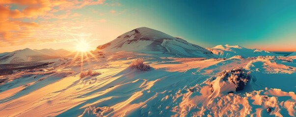 A beautiful winter landscape with a snow-capped mountain in the distance