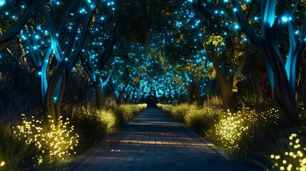 Take me on a journey through a moonlit forest, where the trees are adorned with twinkling blue lights and the path is illuminated by a thousand glowing yellow flowers. - Powered by Adobe