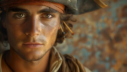 Fototapeta premium Portrait of a young man in a pirate costume. 