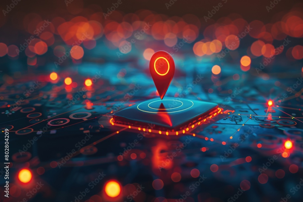 Poster circuit board with red lights and map marker, suitable for technology and navigation concepts