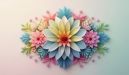 Colorful flowers properly arranged in the very center of a gradient pastel background