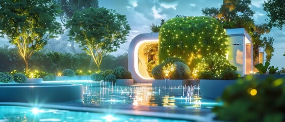 Photo of a modern house with a green wall and a pool