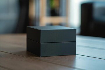 A sleek black box sits on a wooden table. The box is closed, with a smooth, matte finish. There is nothing else on the table. The box is the only thing in focus.