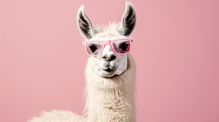 Fototapeta premium Creative animal concept. Llama in sunglass shade glasses isolated on solid pastel background, commercial, editorial advertisement, surreal surrealism