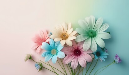 Colorful bouqet of daises isolated on pastel gradient background. 