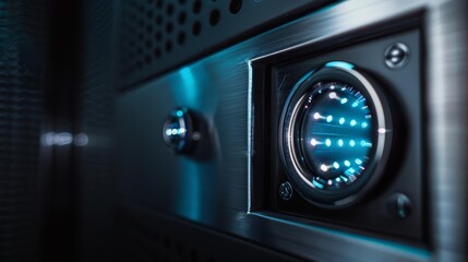 Fototapeta premium A close up of a blue glowing button on a metal panel.