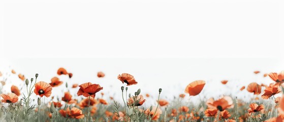 A field of red poppies. The flowers are in focus, with a blurred background.