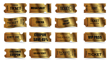 Vector big set of golden ticket template white isolated background. Invite gold ticket for casino, theater, cinema, movie, coupon, voucher.