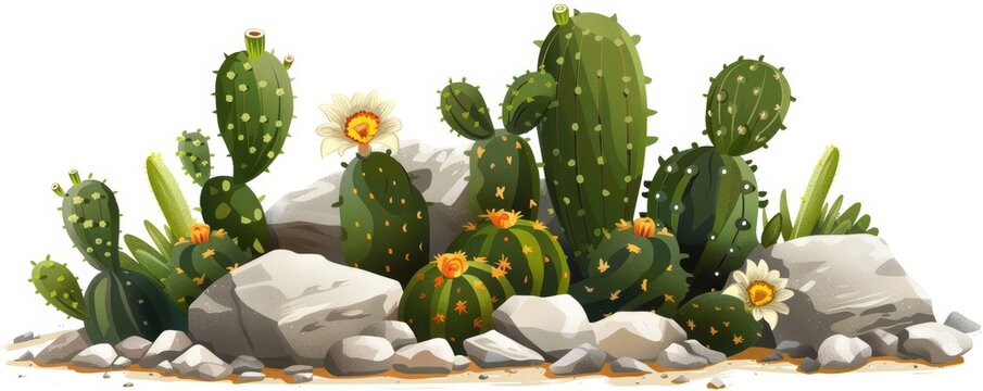 A variety of cacti and rocks.