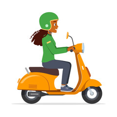 young woman riding scooter and feel happy