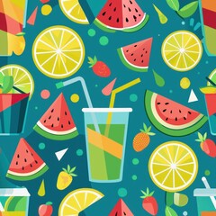 Seamless pattern of juicy watermelon slices and refreshing lemonade, Generative AI