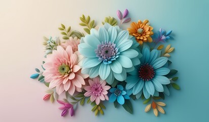 Multicolored daisies stacked in the center of an isolated pastel gradient background