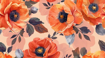 Seamless Pattern Floral Style with Peach Background Textile Template