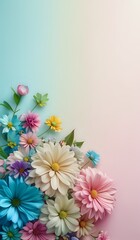 Fototapeta na wymiar Colorful daisies stacked in the lower left corner of an isolated pastel gradient background