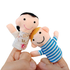 Two fingers wearing puppets; mother and son. Kid playing finger puppets. Finger theater isolated on white background