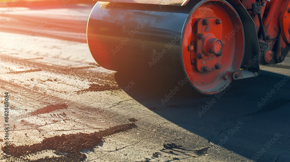 Canvas Prints Road roller compacting asphalt, close-up on roller, bright midday sun, high texture detail 