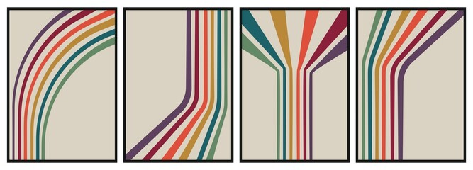 Flat posters. Multicolored stylish stripes on a light background. Abstract style of the 70s. Suitable for home design, postcards, screensavers, posters or textile design...