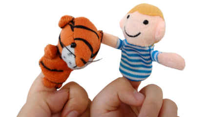 Two fingers-wearing puppets; a boy and a tiger. Kid playing finger puppets. Finger theater isolated on white background