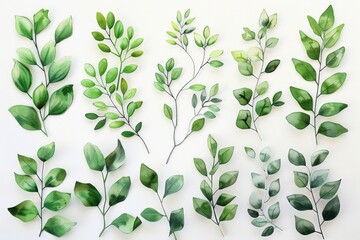 A bunch of green leaves on a white surface. Ideal for nature and botanical concepts