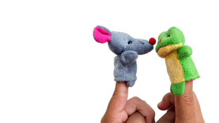 Two fingers wearing puppets; mice and frog. Kid playing finger puppets. Finger theater isolated on white background