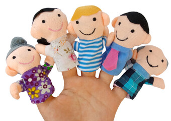 Kid playing fingers puppets. Family finger puppet theater isolated on white background