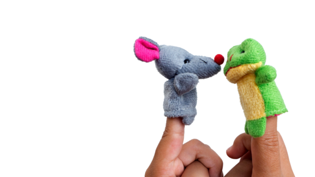 Two fingers wearing puppets; mice and frog. Kid playing finger puppets. Finger theater isolated on white background