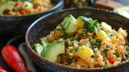 stir fried rice with vegetables in blow green red chilly