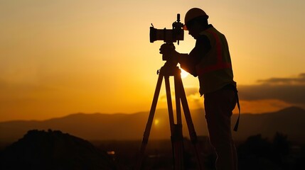 Surveyor with theodolite, sharp silhouette against sunset, detailed close-up, outdoor setting 