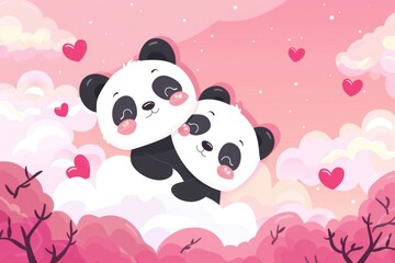 Obraz premium Cute panda bears sitting on a fluffy cloud, perfect for children's books or greeting cards