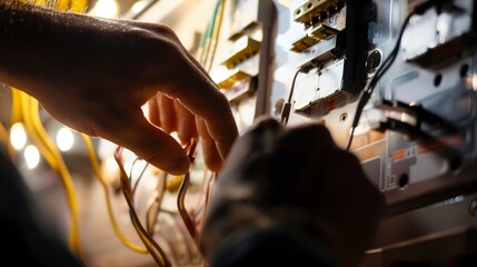Electrical engineer inspecting a panel, bright indoor light, macro close-up, detailed work -