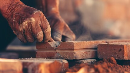 Mason laying bricks, skilled hands in motion, soft afternoon light, close-up, dynamic angle 