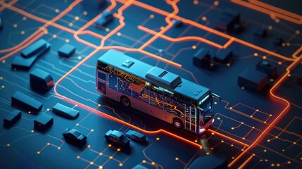A bus driving on a circuit board with small cars, suitable for technology and transportation concepts
