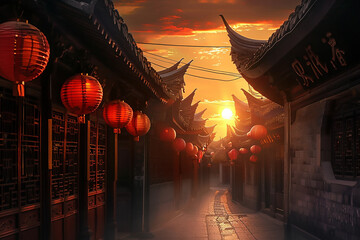 Ancient Joyce architecture, golden sky sunset background, red lanterns hanging on the eaves of buildings, Chinese style architecture, high definition photography in the style of Xian Joyce