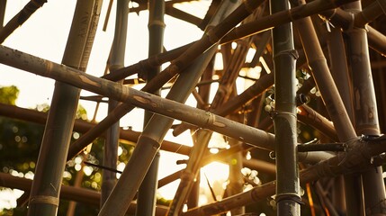 Fototapeta premium Bamboo scaffolding around eco-friendly structure, warm light, close-up, showcasing sustainable materials 