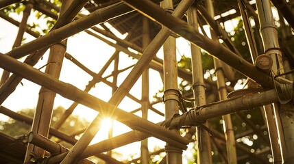 Bamboo scaffolding around eco-friendly structure, warm light, close-up, showcasing sustainable materials 