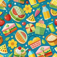 Seamless pattern of outdoor festivals with music, food, and dancing, Generative AI