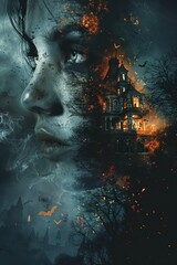 Obraz premium A woman's face, divided in vibrant colors, merges with a decrepit house, while monstrous ghosts scream in the background - a hyper-realistic horror scene