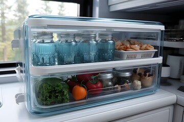 Open refrigerator with different food inside, closeup. Concept of healthy eating