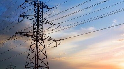 Power line installation at sunset, silhouette of lines against sky, close-up, dynamic angle 