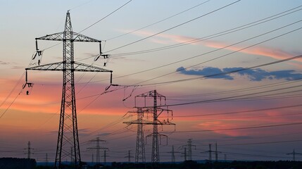 Fototapeta premium Power line installation at sunset, silhouette of lines against sky, close-up, dynamic angle 