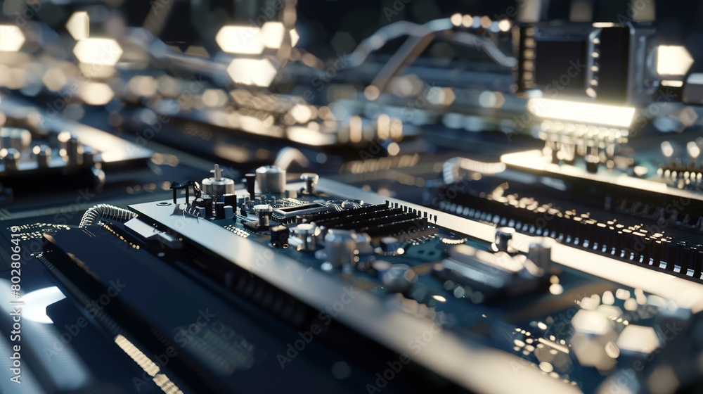 Poster automated assembly line for electronics, precise components, factory light, close-up, action scene