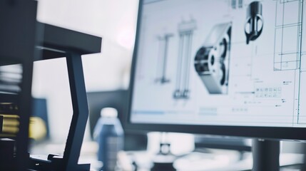 CAD software on screen designing a mechanical part, bright display, close view, detailed work 