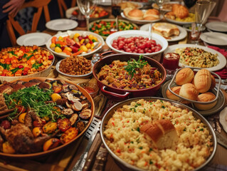 Fototapeta premium many dishes on table for thanksgiving day dinner - ai
